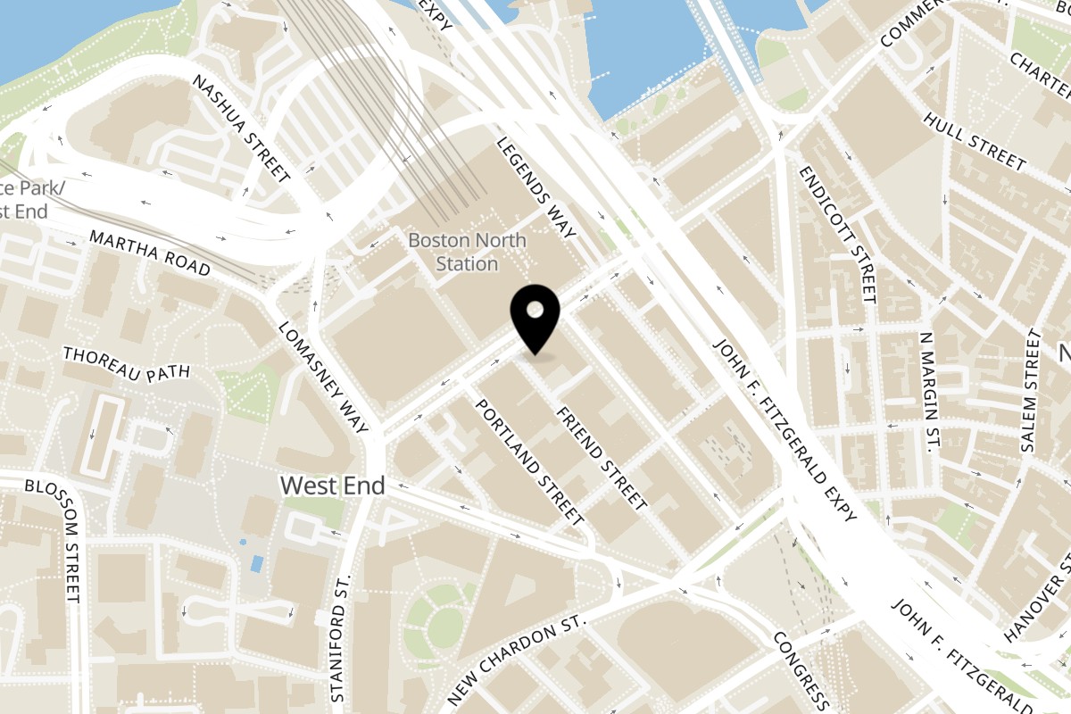 Map showing the location of Halftime Pizza on 115 Causeway St in Boston